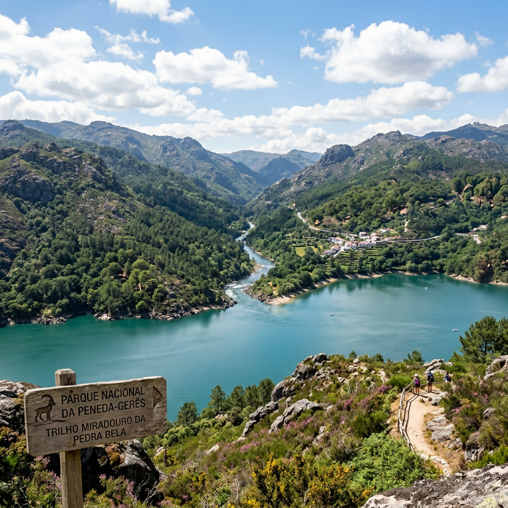Turquoise lake winding between green mountains with hikers on a trail in the foreground